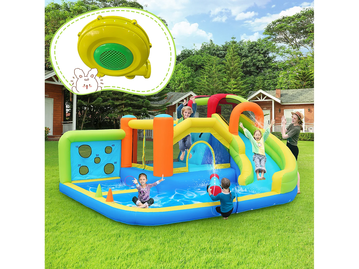 Castillo inflable niños – parque acuático, soplador, tobogán, cesta, cocina juego, tela Oxford, 360×350×210 cm. | Leroy Merlin